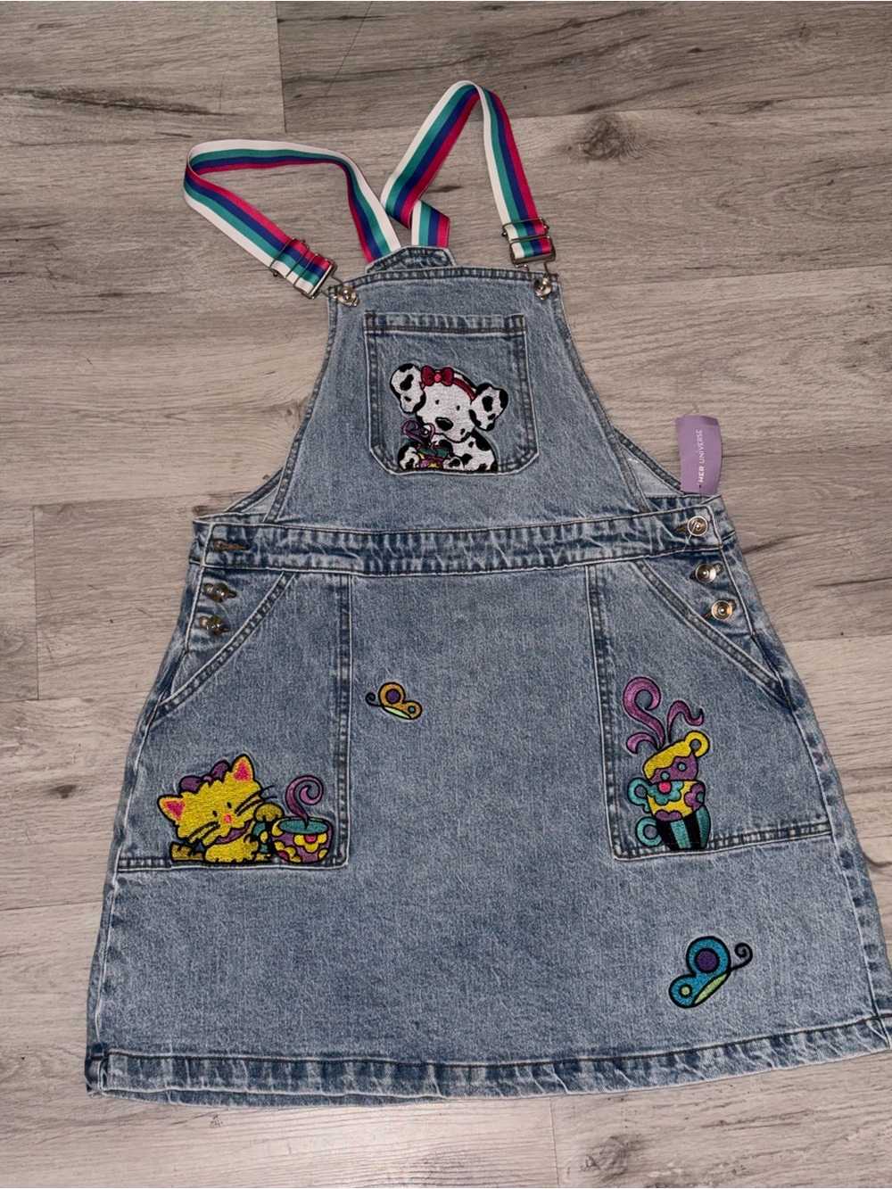 Sanrio Denim Pinafore Dress with Rainbow Straps and Colorful Character Patches